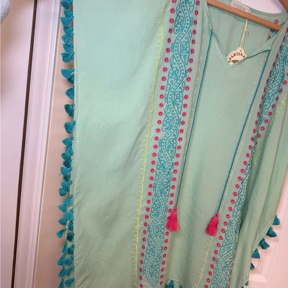 Spartina 449 Aqua Kaftan Cover Up Embroidered Tassel Boho Beach OS NWT Colorful - Picture 4 of 11